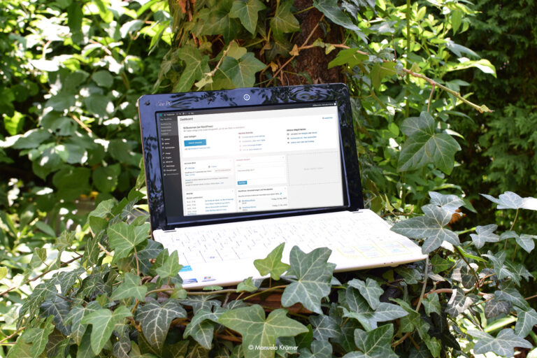 Laptop, auf dem Social Media Posts geschrieben werden, steht auf einem Baumstumpf.