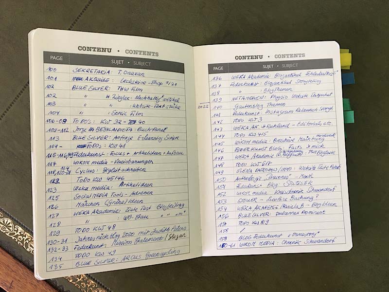 Notizbuch mit angelegtem Inhaltsverzeichnis